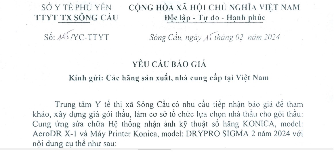 Yêu cầu báo giá cung ứng sửa chữa Hệ thống nhận ảnh kỹ thuật số và Máy Printer hãng KONICA